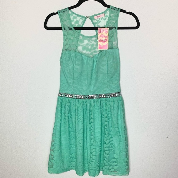 New nwt Candies mint green lace sequin rhinestone dress xs 1 semi formal - Picture 2 of 4